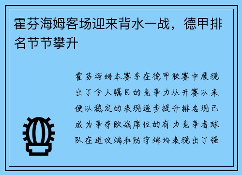 霍芬海姆客场迎来背水一战，德甲排名节节攀升