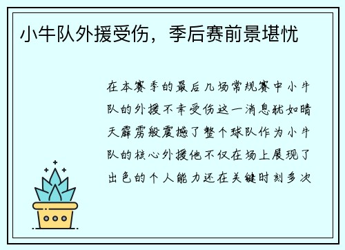 小牛队外援受伤，季后赛前景堪忧